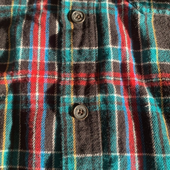 Modern Amusement Black Red Green Blue Yellow Plaid Flannel Button Down Size L - Picture 10 of 10
